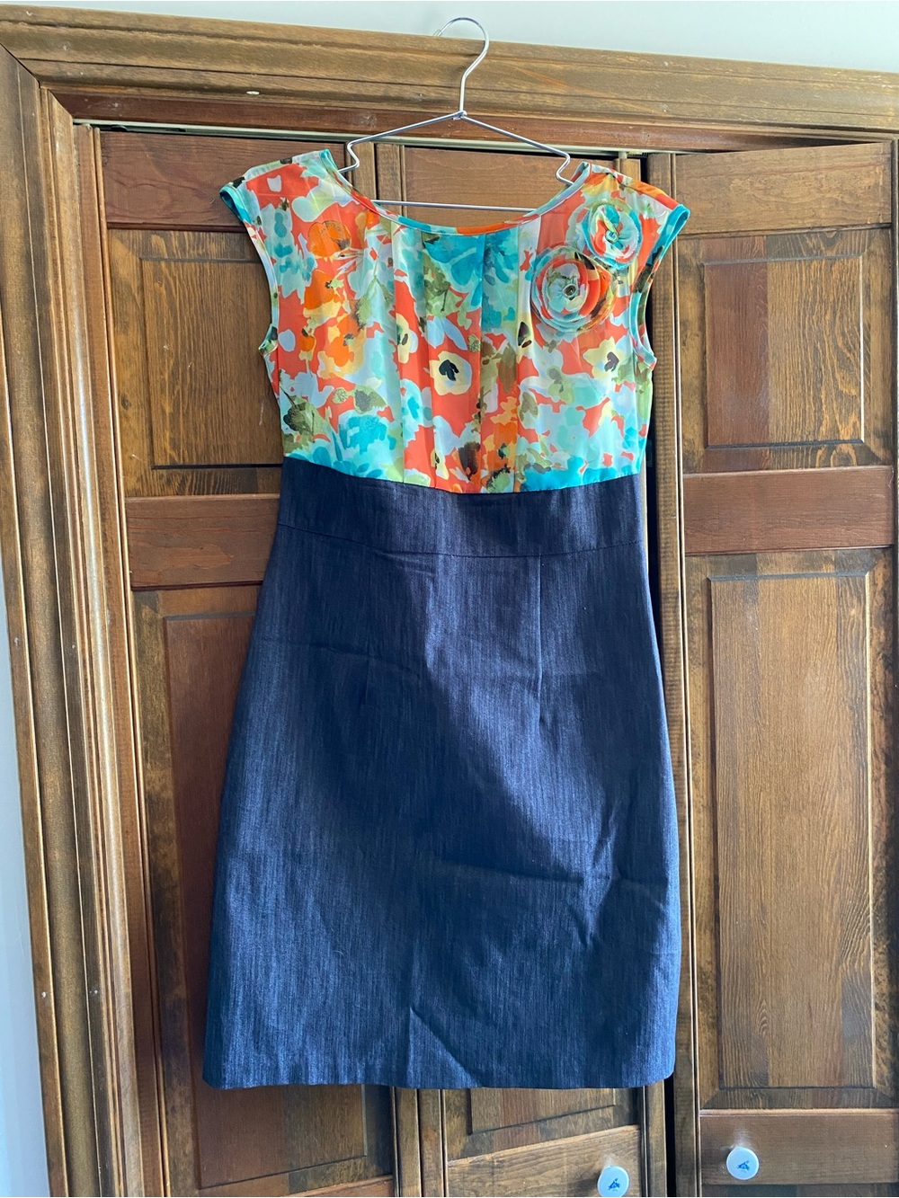 Dress Barn Floral Multi-Color Cap-Sleeve and Denim Sheath Dress